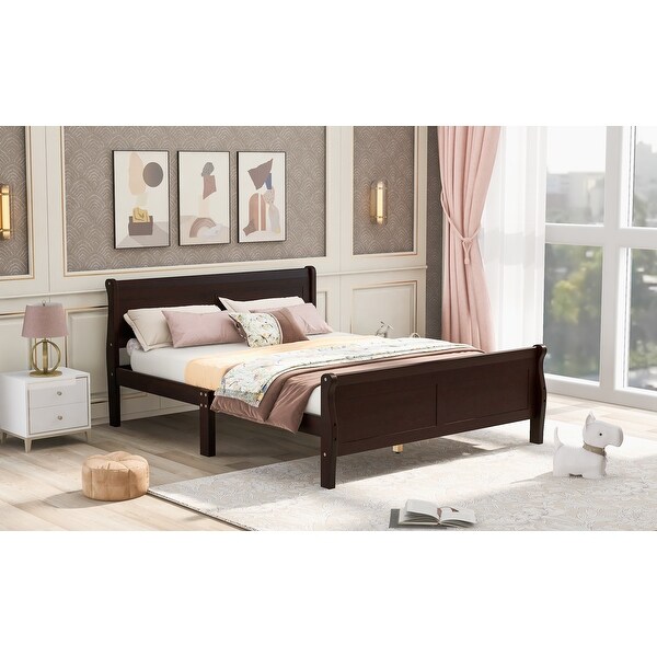 Full Wood Platform Sleigh Bed Frame with Headboard for Guest Living Room