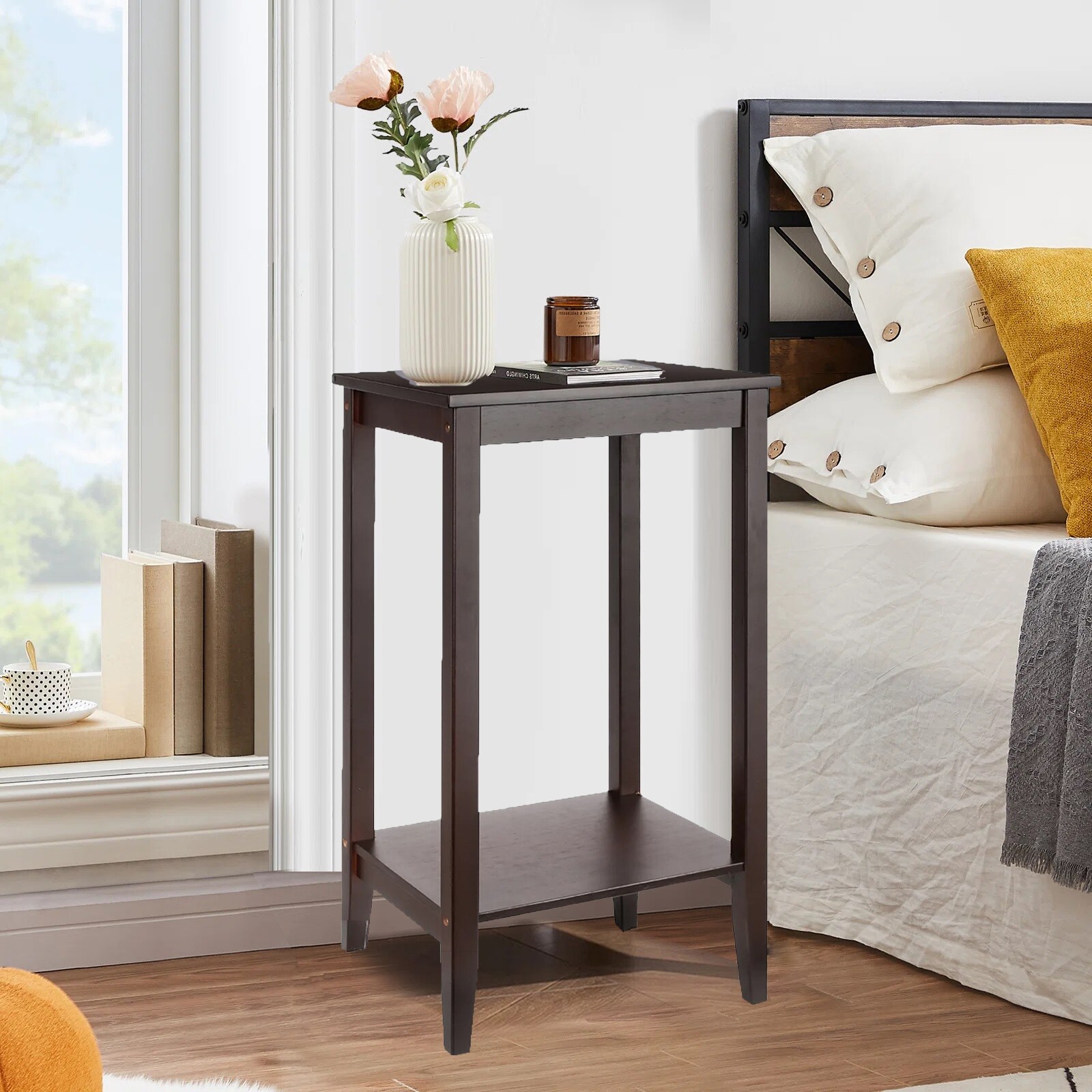 End Table， 2-Tier Nightstand with Shelf， Narrow Side Table for Small Space in Living Room， Bedroom and Balcony