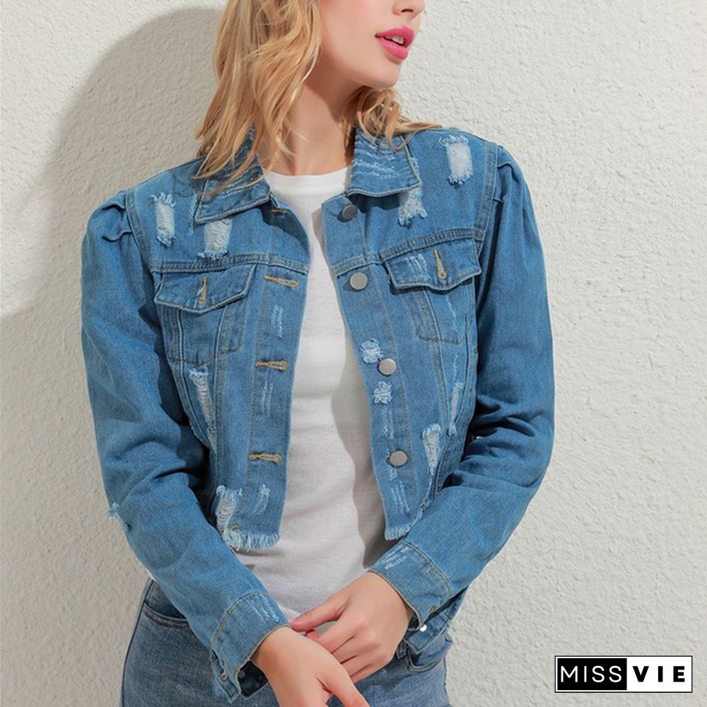 Women Ripped Denim Jackets Vintage Casual Short Jean Jacket Puff Sleeve Female Coat Streetwear