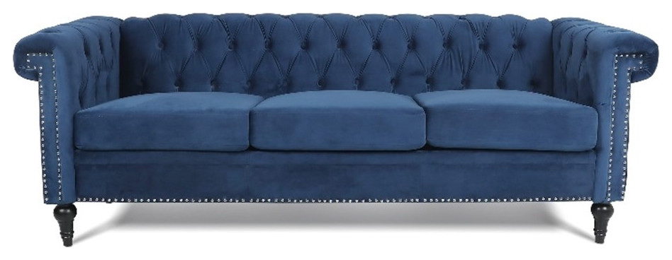 CRO Decor 83.5  x27 x27Traditional Square Arm Removable Cushion 3 Seater Sofa (Blue)   Eclectic   Sofas   by Homesquare  Houzz