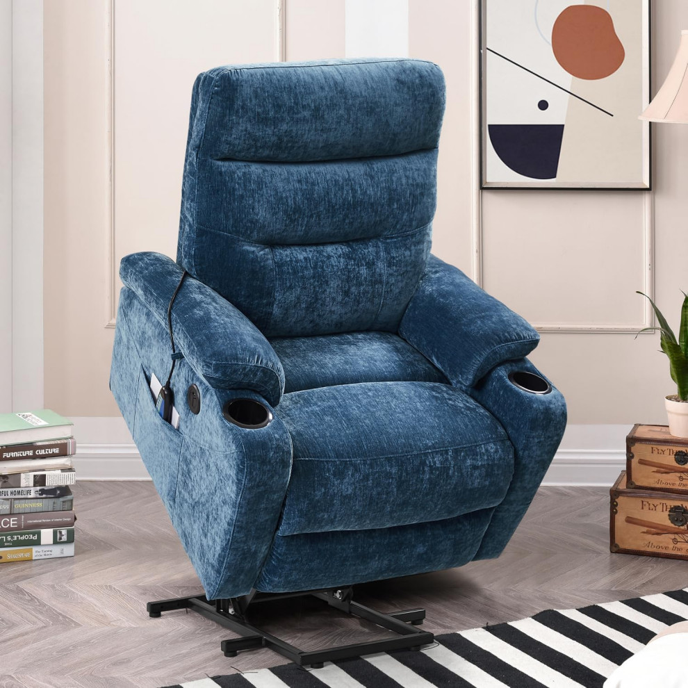 Power Lift Recliner  Pillowed Arms With Cup Holders  ampPadded Blue Fabric Seat   Modern   Recliner Chairs   by Decor Love  Houzz