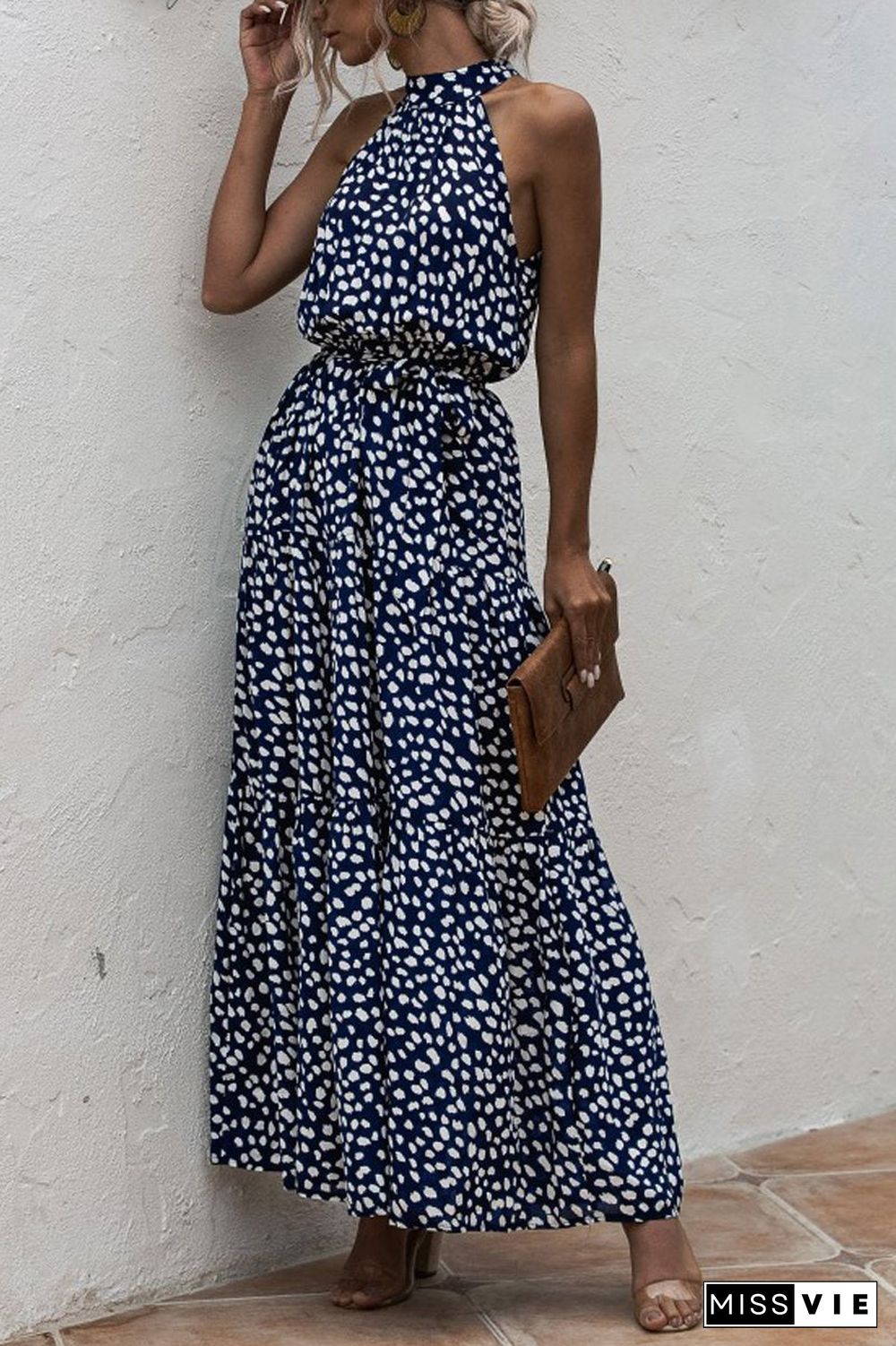 Halter Neck Polka Dot Lace-Up Dress