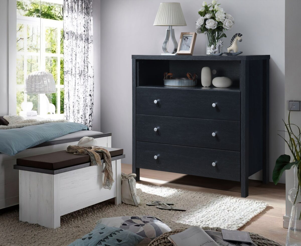 Hodedah 3-Drawer Dresser with 1-Open Shelf in Black