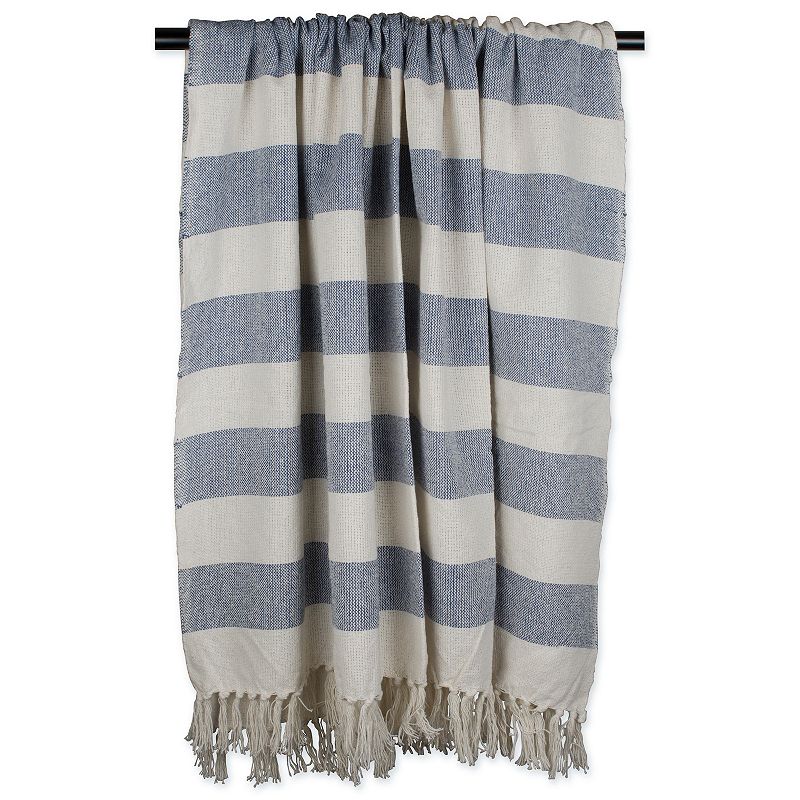 Blue and White Cabana Striped Fringed Throw Blanket 50 x 60