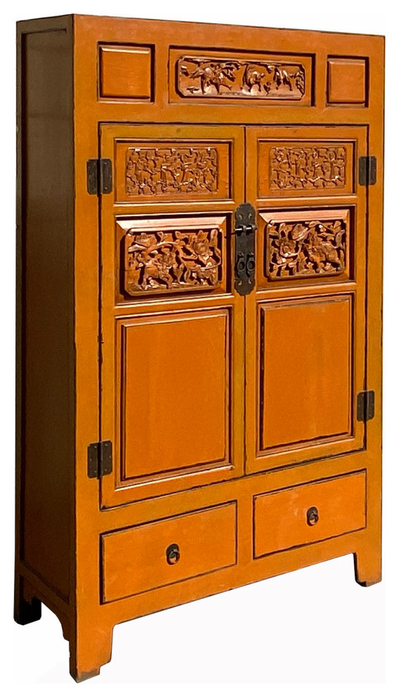 Chinese Fujian Distressed Orange Relief Carving Storage TV Cabinet Hcs7136   Asian   Entertainment Centers And Tv Stands   by Golden Lotus Antiques  Houzz