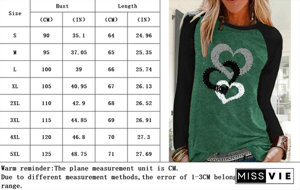 New Spring Autumn Fashion Clothing for Women Hearts Printing Round Neck Long Sleeve Pullover Top Loose Shirt Plus Size Graphic T-shirt Blouse