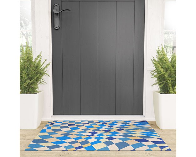 Little Dean Retro Blue Checkered Pattern Welcome Mat Society6