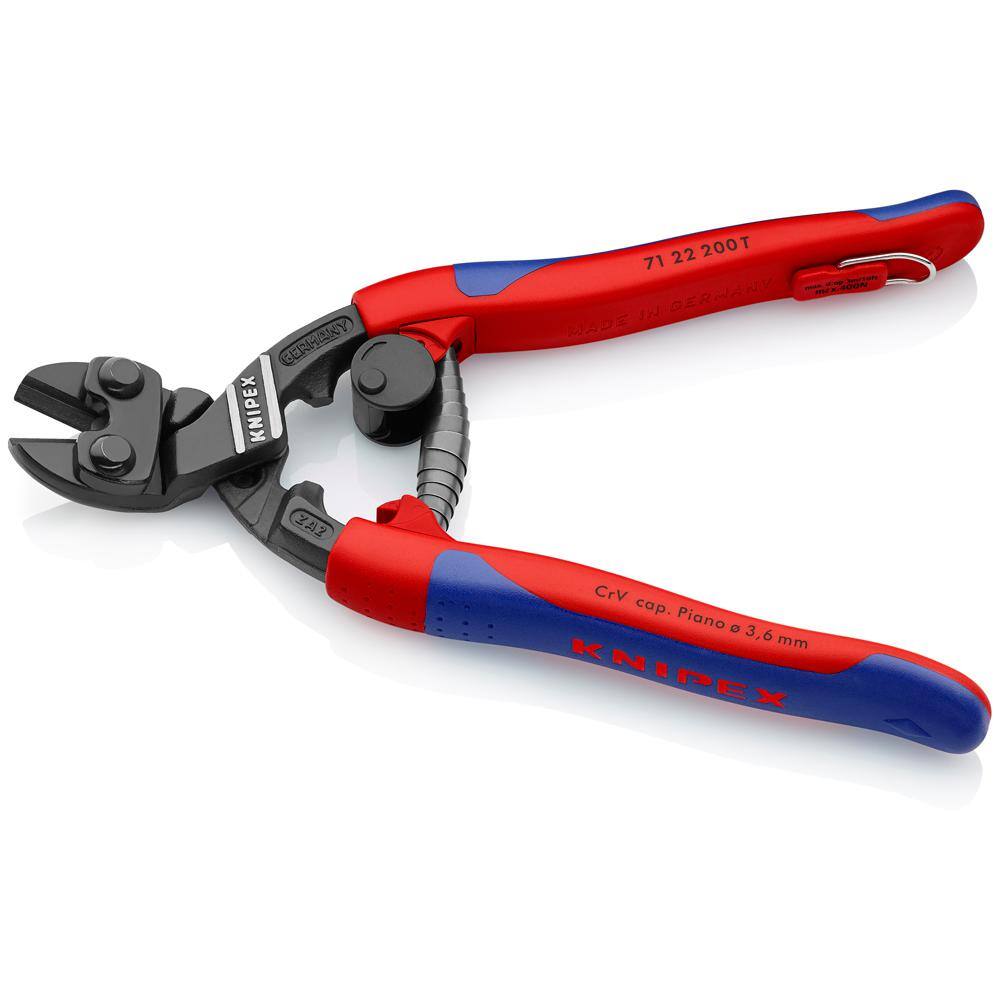 KNIPEX 8 in. Angled CoBolt Mini Bolt Cutters with Opening Spring Locking Lever Comfort Grips and Tether Attachment 71 22 200 T BKA