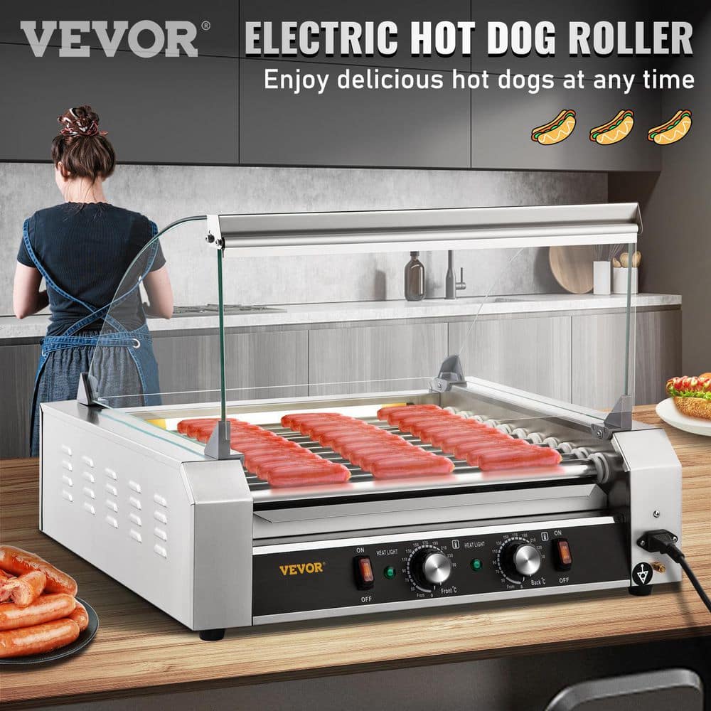 VEVOR Hot Dog Roller 30 Hot Dog Capacity 11 Rollers 1800W Stainless Steel Cook Warmer Machine with Cover Indoor Grills, Silver GYGRGJMC1123XBWL9V1