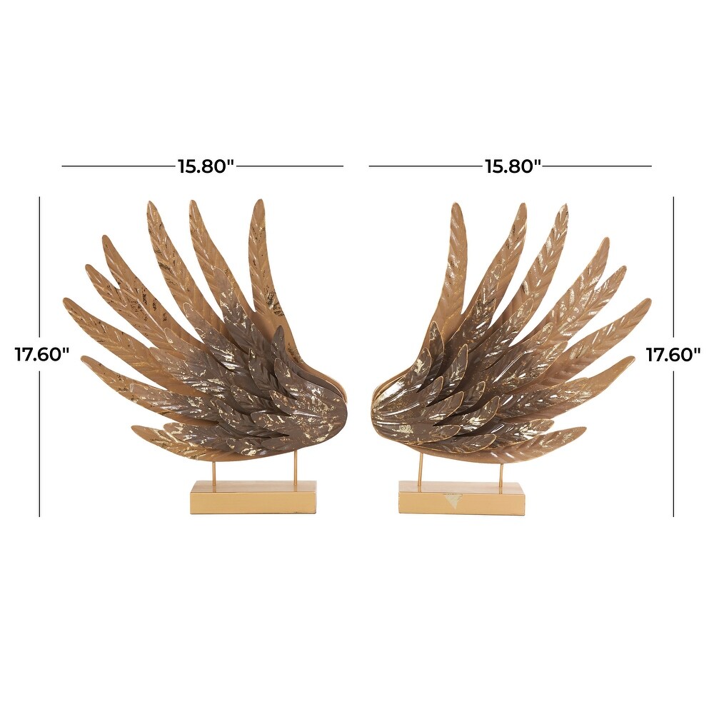 Gold Metal Wing Bird Sculpture with Gold Foil Accents and Stands (Set of 2)