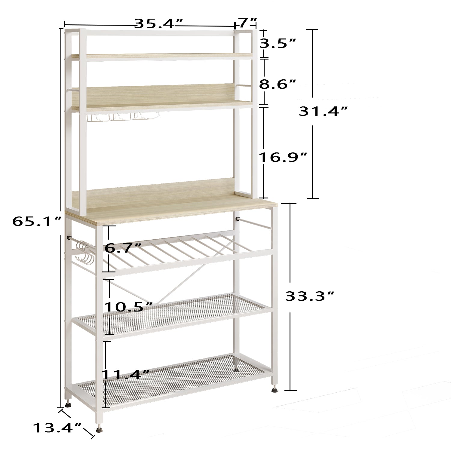 S.Fyronti 6 Tier Kitchen Bakers Rack with Wine Storage， Freestanding Kitchen Shelves with Hutch， Microwave Oven Stand， Coffee Bar Station with 4 Hooks， Wine Glass Holder， White Oak