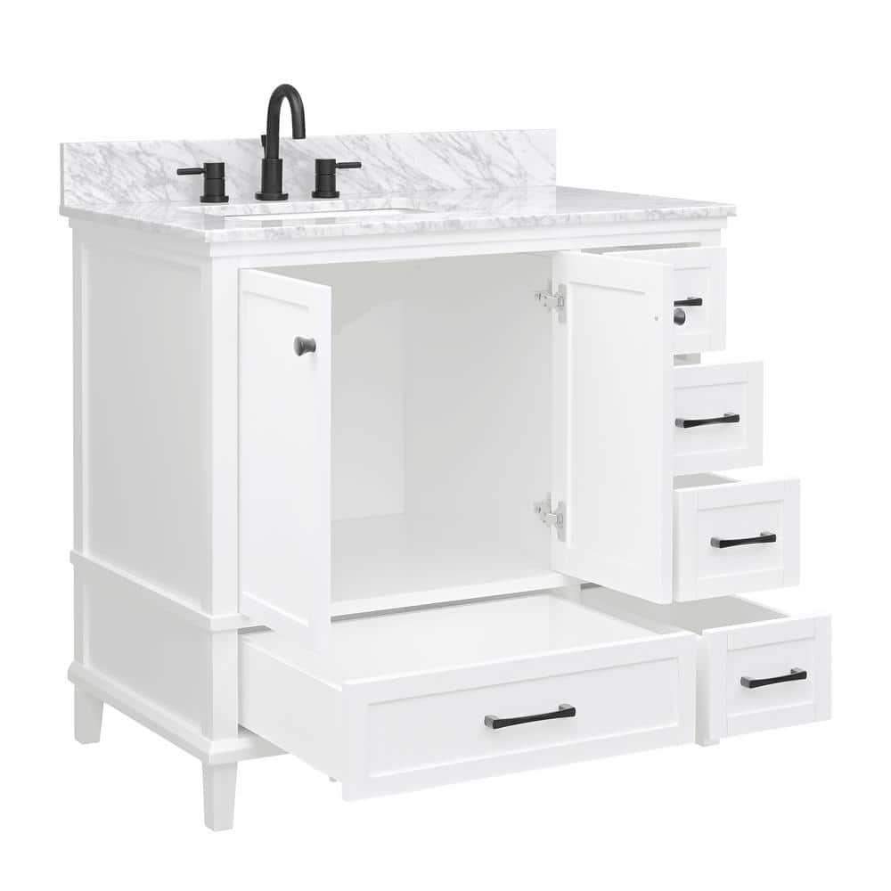 Home Decorators Collection Merryfield 37 in W x 22 in D x 35 in H Bathroom Vanity in White with Carrara White Marble Top