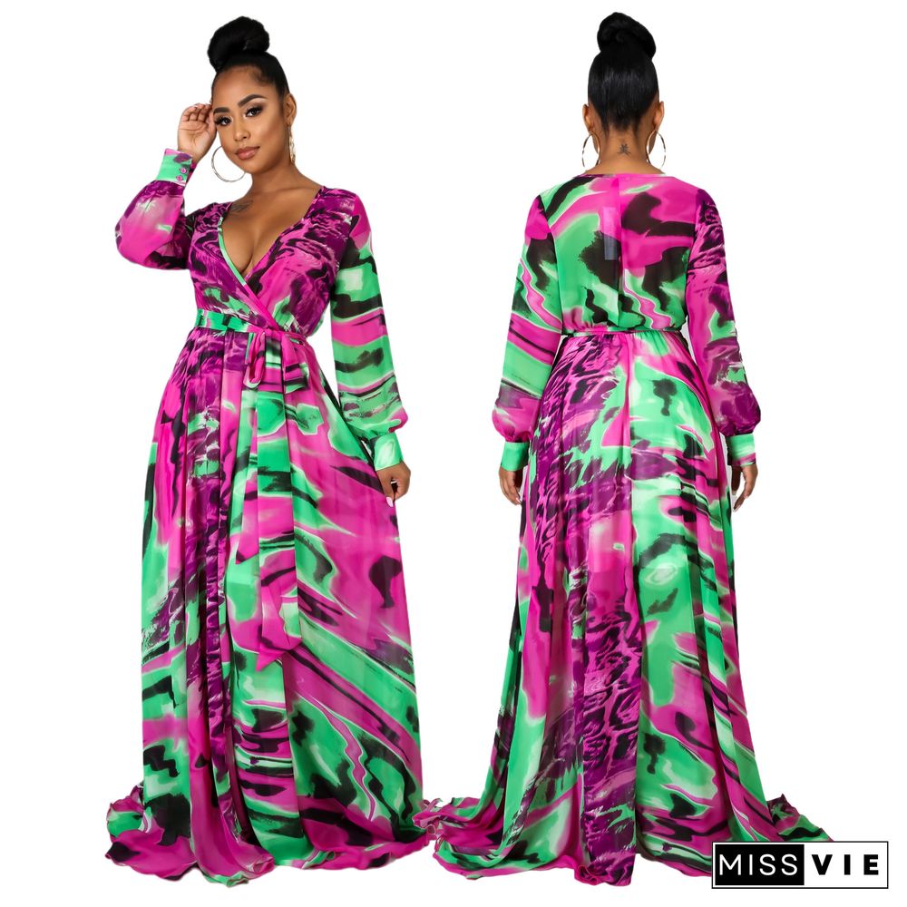 Summer Vacation Printed Long Sleeve Deep V Neck With Waist Belt A Line Women Maxi Dress