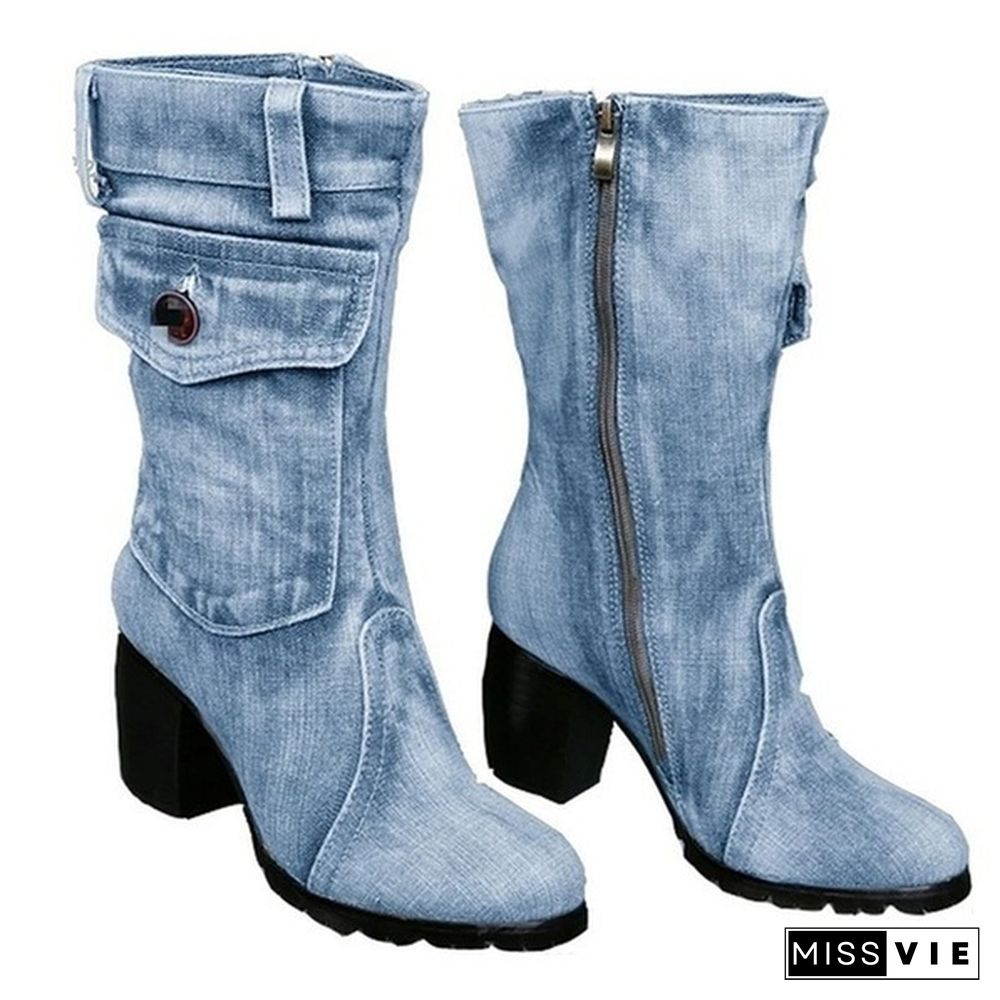 New Fashion Women's Denim Boots Chunky High Heel Mid Calf Boots Ladies Side Zipper Cowboy Boots