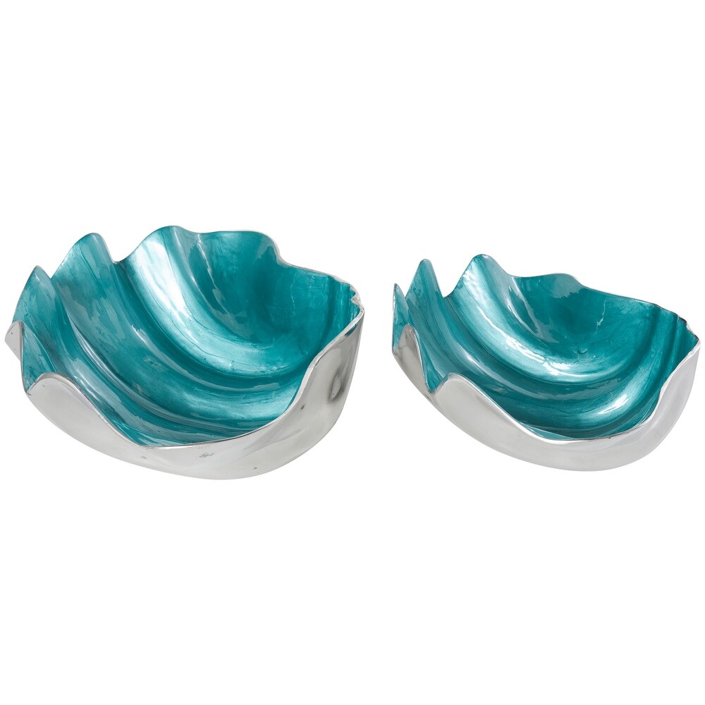 Blue or White Aluminum Enameled Shell Decorative Bowl with Silver Metal Exterior (Set of 2)