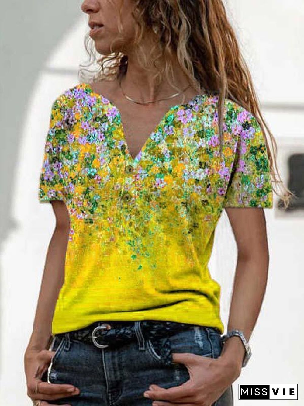 Women's Short Sleeve V-neck Floral Printed Tops T-shirts