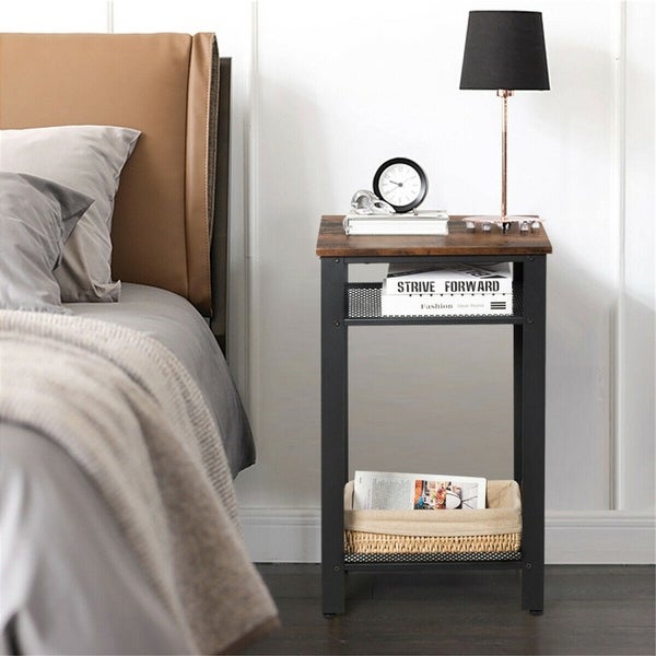 3 Tier Industrial End Table with Metal Mesh Storage Shelves