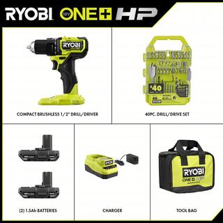 RYOBI ONE+ HP 18V Brushless Cordless Compact 12 in. DrillDriver Kit with (2) 1.5 Ah Batteries Charger Bag  40PC Bit Set PSBDD01K-A98401