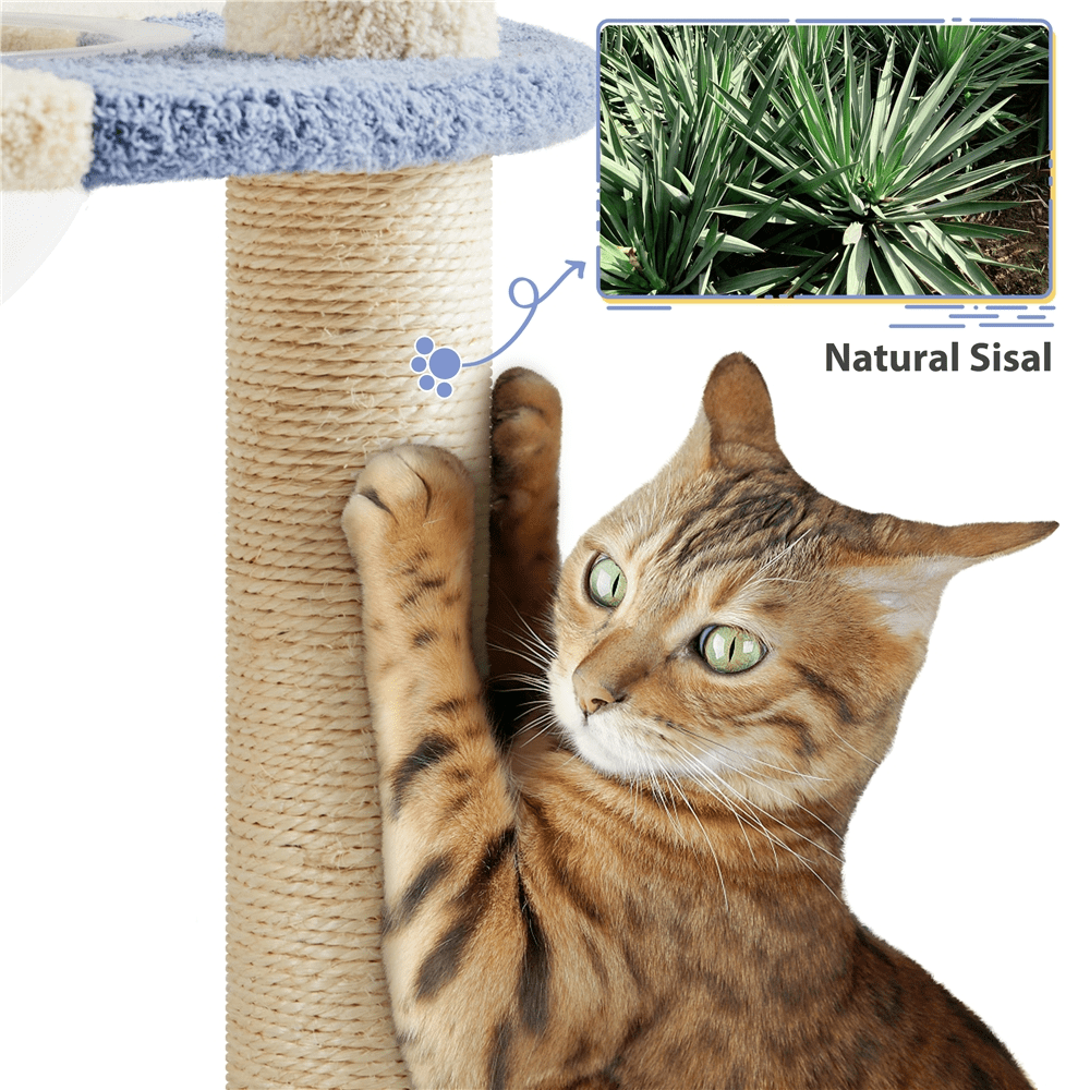 SmileMart 35.5″H Ocean Cat Tree with Padded Perch Natural Sisal for Kittens， Blue/Beige