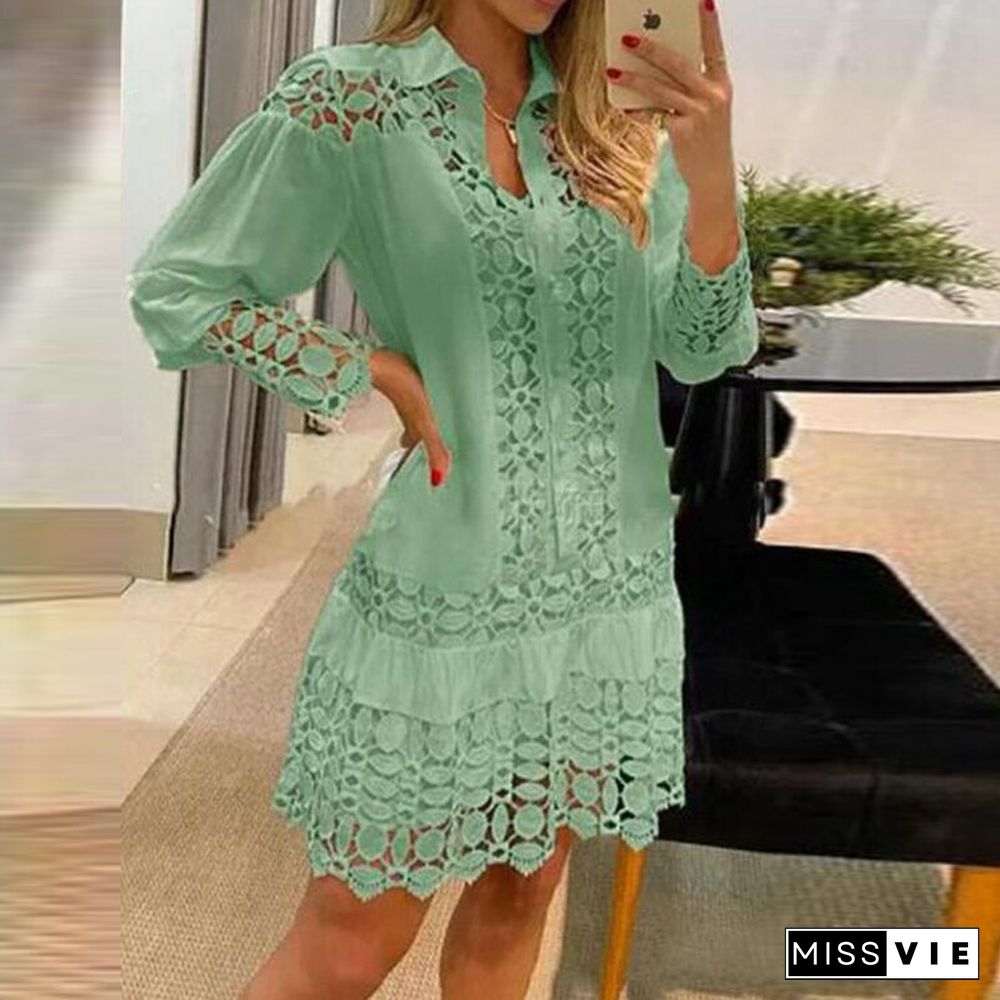 New Elegant Hollow Out Ruffle Women Dress Fashion Solid Color Casual Shirt Dresses Autumn Long Sleeve Loose Sexy Mini Dress