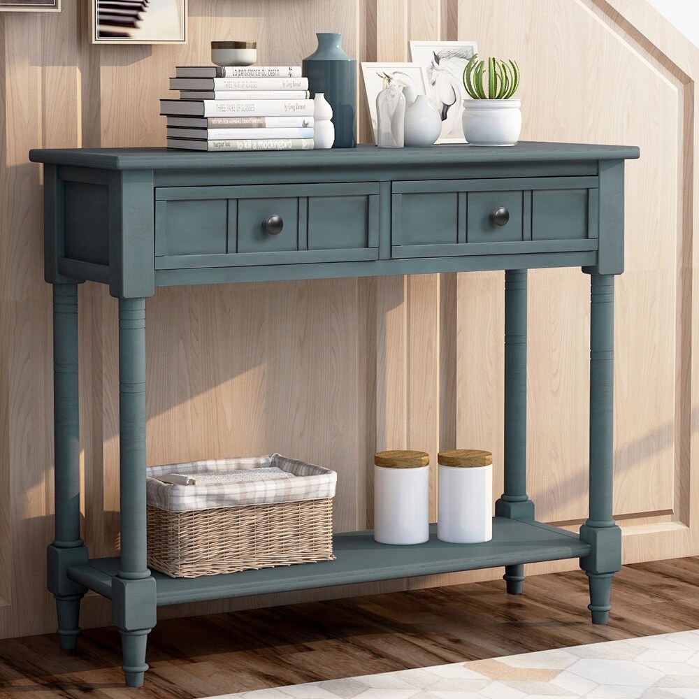 Traditional Design Console Table with Two Drawers and Bottom Shelf