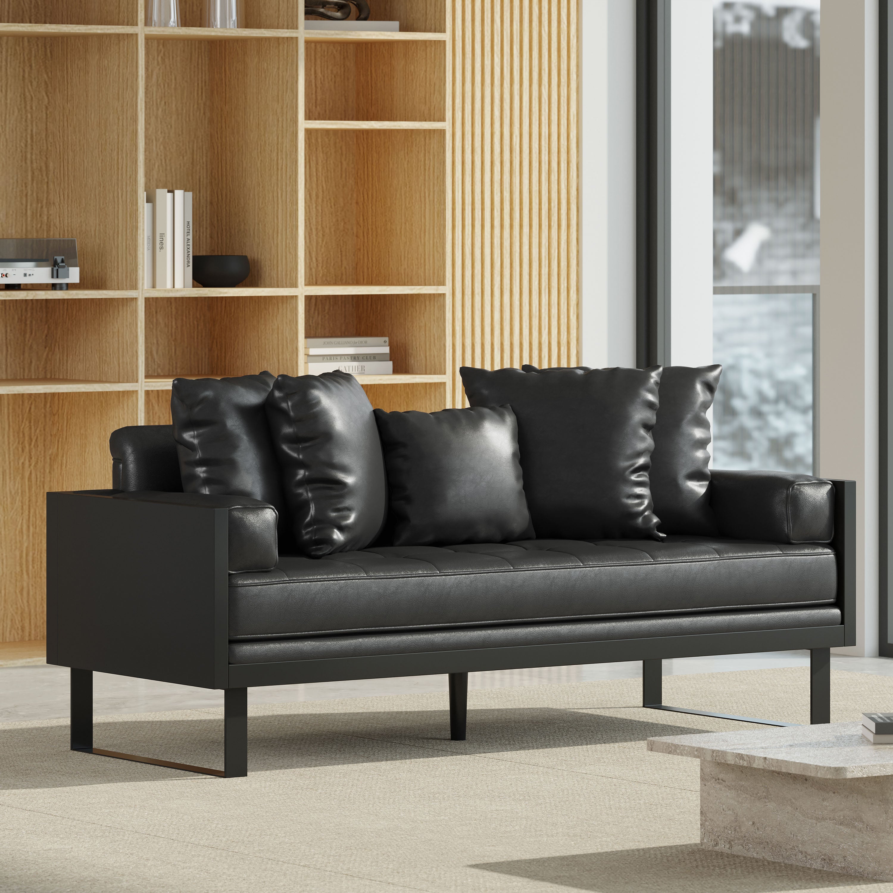 Manbow Contemporary Faux Leather Upholstered Oversized Loveseat with Accent Pillows