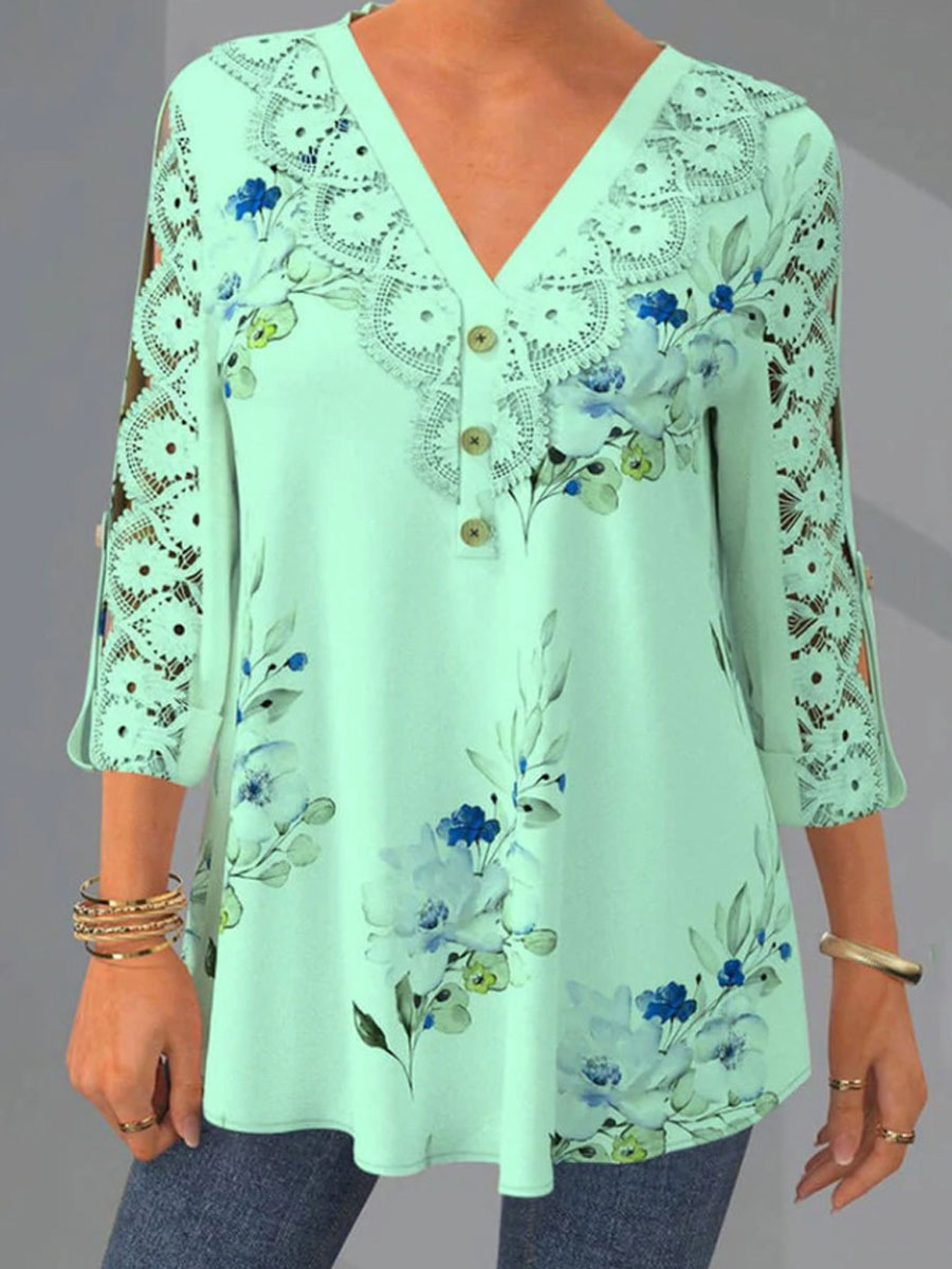 V-neck Cutout Panel Casual Loose Floral Print Long Sleeve Blouse