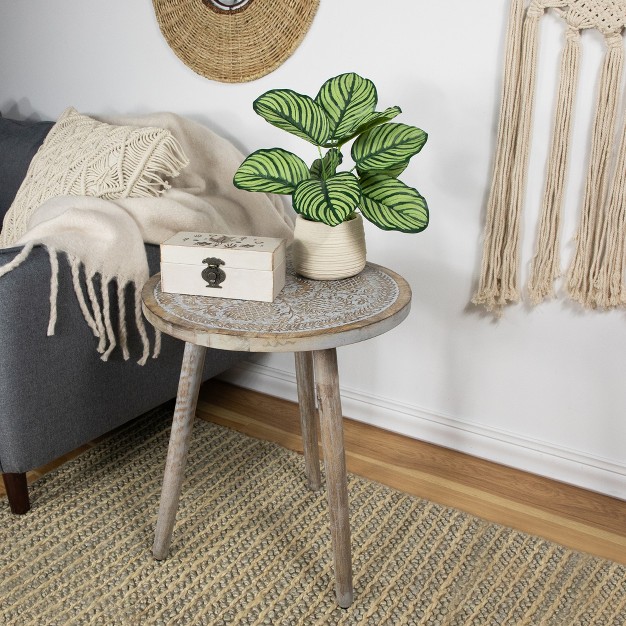 Antique Gray Engraved Round Tri Leg Wooden Side Table