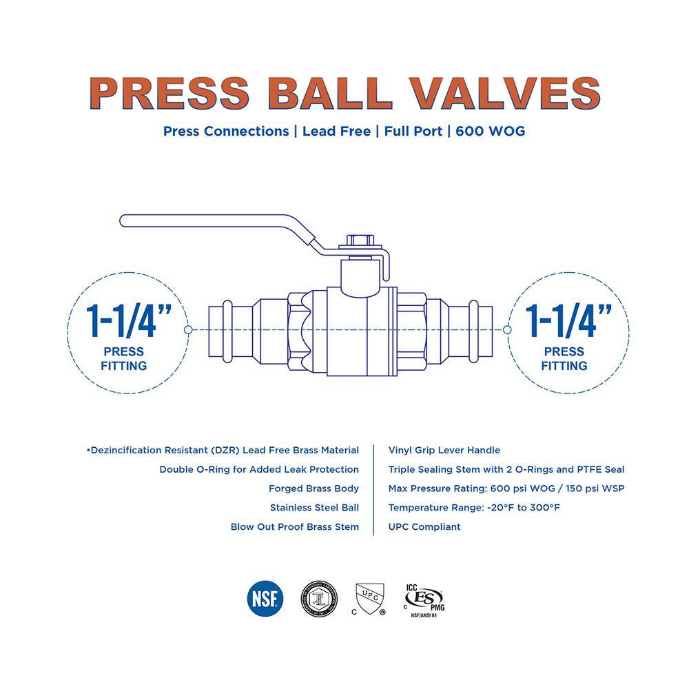 The Plumber's Choice 1-14 in. Brass Double-O-Ring Press Ball Valve (Pack of 5) VLV532114-5