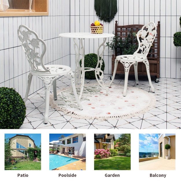 Costway 3pcs Cast Aluminum Patio Bistro Furniture Set Rose Design Outdoor White