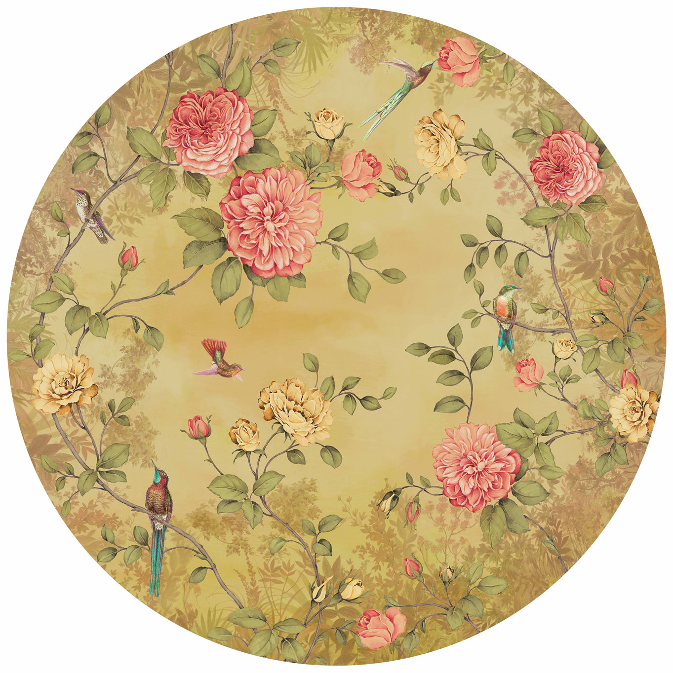 Circular Chinoiserie Wall Mural in Yellow