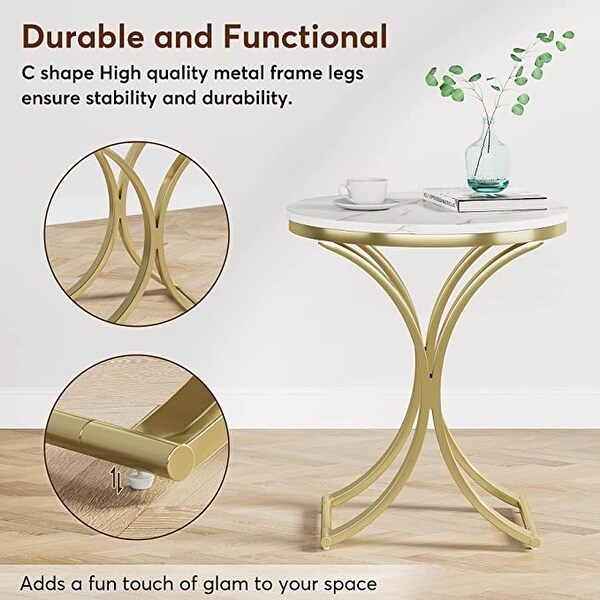 White/ Gold Modern Round End Side accent Table with Faux Marble Top， C Shaped Gold Legs Entryway Tables