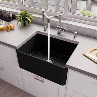 ALFI BRAND Black Matte Fireclay 24 in. Single Bowl Farmhouse Apron Kitchen Sink ABF2418-BM