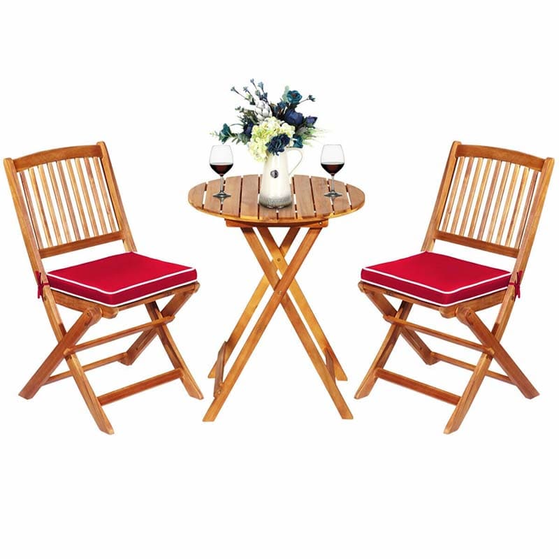 3 Pcs Acacia Wood Patio Folding Bistro Set Outdoor Chair Table Set with Padded Cushion & Round Coffee Table