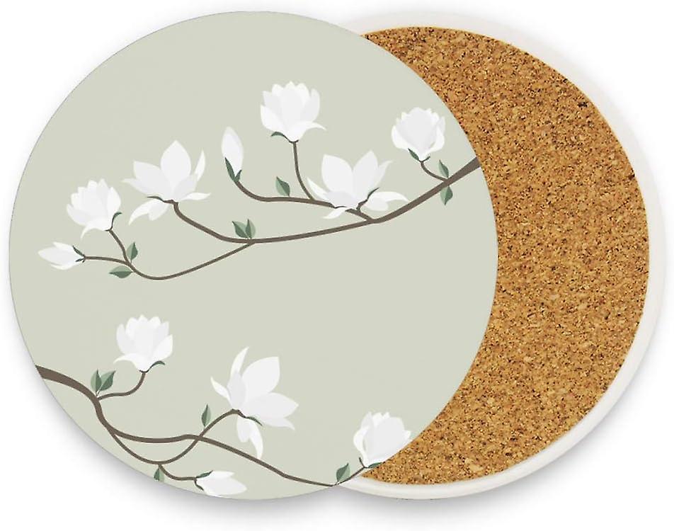 Printed Round Magnolia Flowers Branch Ceramic Coasters With Cork-backed For Coffee Drink Cup Mat Absorbent Stone Coaster Set Of 1/2/4