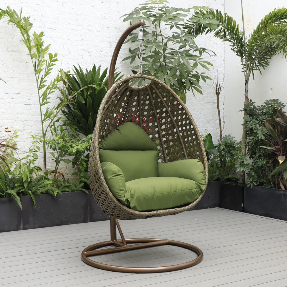 LeisureMod Beige Wicker Hanging Egg Swing Chair With Stand and Cushion   Tropical   Hammocks And Swing Chairs   by LeisureMod  Houzz