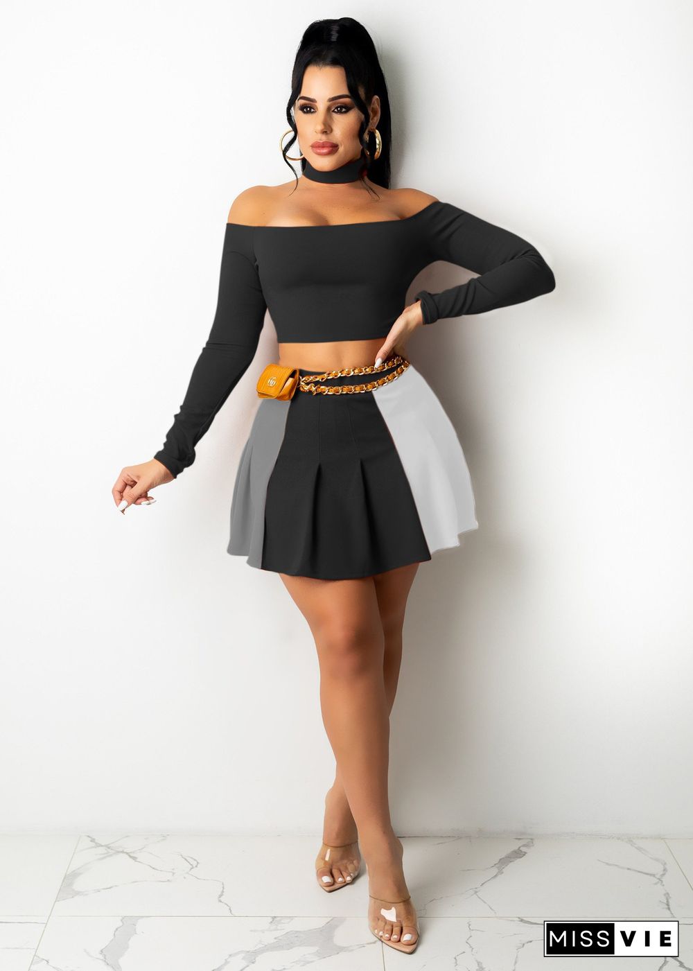 Off Shoulder Crop Top Pleated Mini Skirt Set