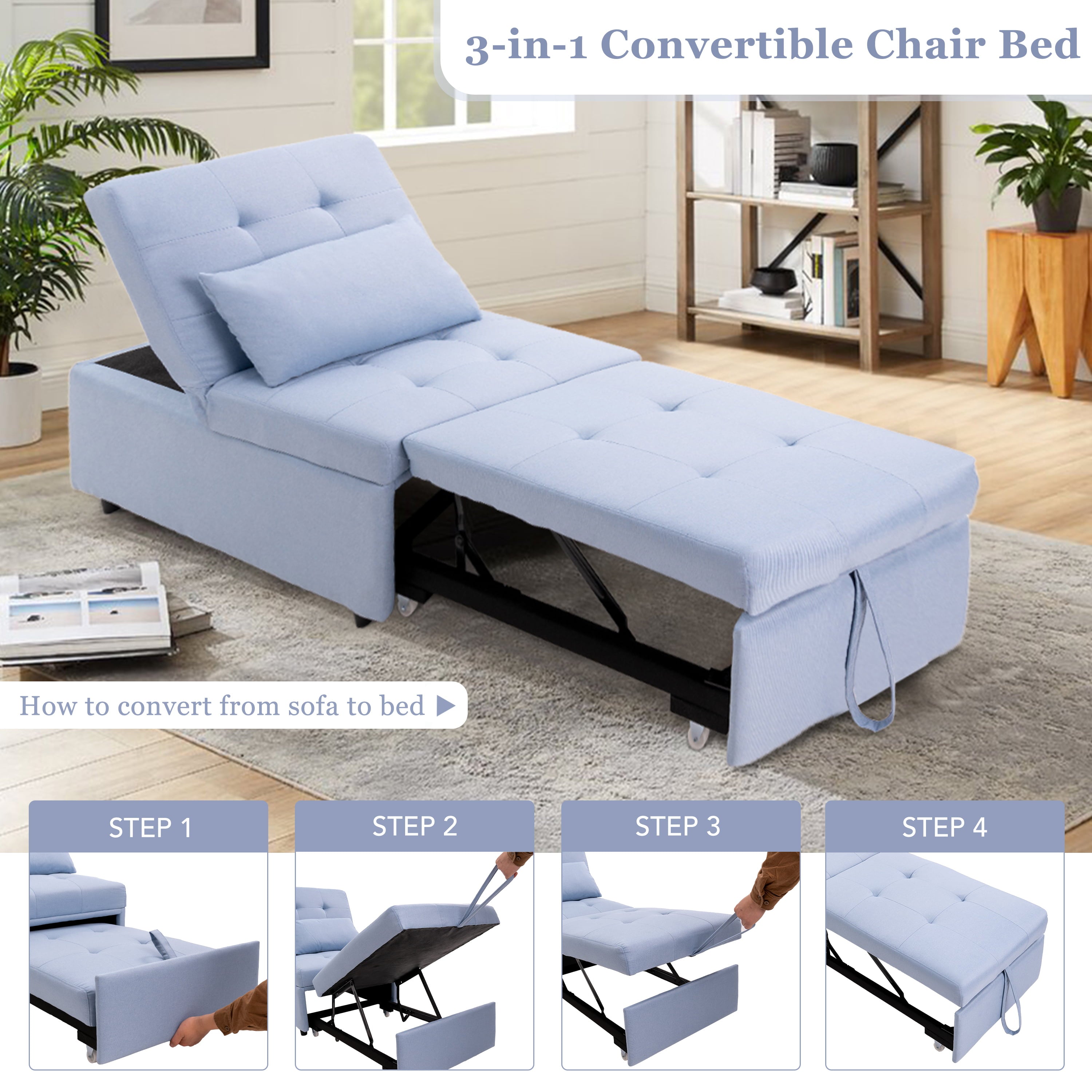 Prime Garden 3-in-1 Convertible Chair Sleeper Chair Sofa Bed,Blue