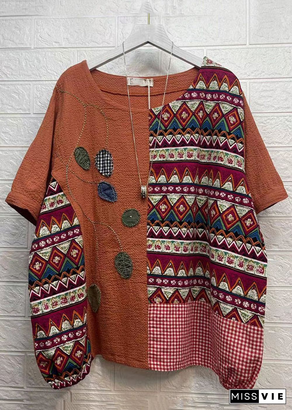 Women Orange Asymmetrical Print Patchwork Cotton T Shirts Top Summer