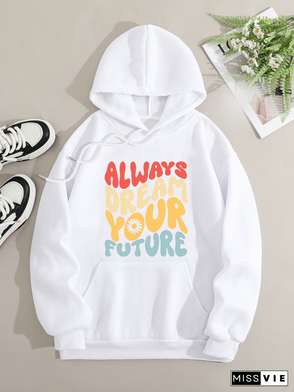 Printed on front Kangaroo Pocket Hoodie Long Sleeve for Women Pattern always dream your future