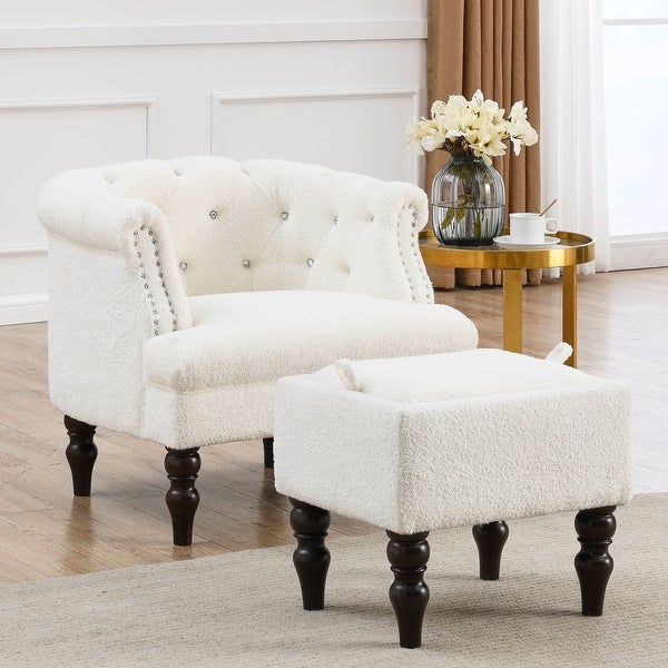 3+1 Combination of Chesterfield 3 Seater Sofa and Chair Modern White Teddy Upholstered Padded Seat with Two Pillows and Nailhead