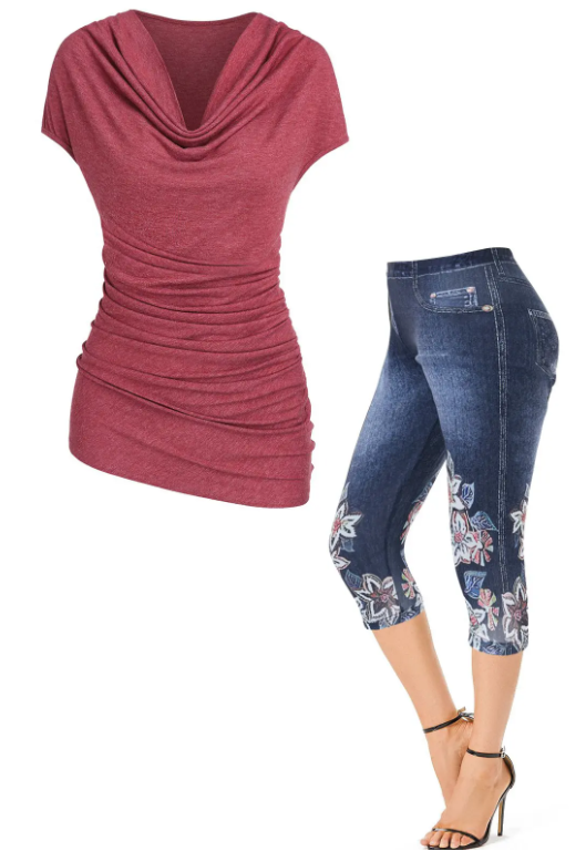 Draped Cowl Neck Ruched Short Sleeve T Shirt And Flower Faux Denim 3D Print Skinny Leggings Outfit