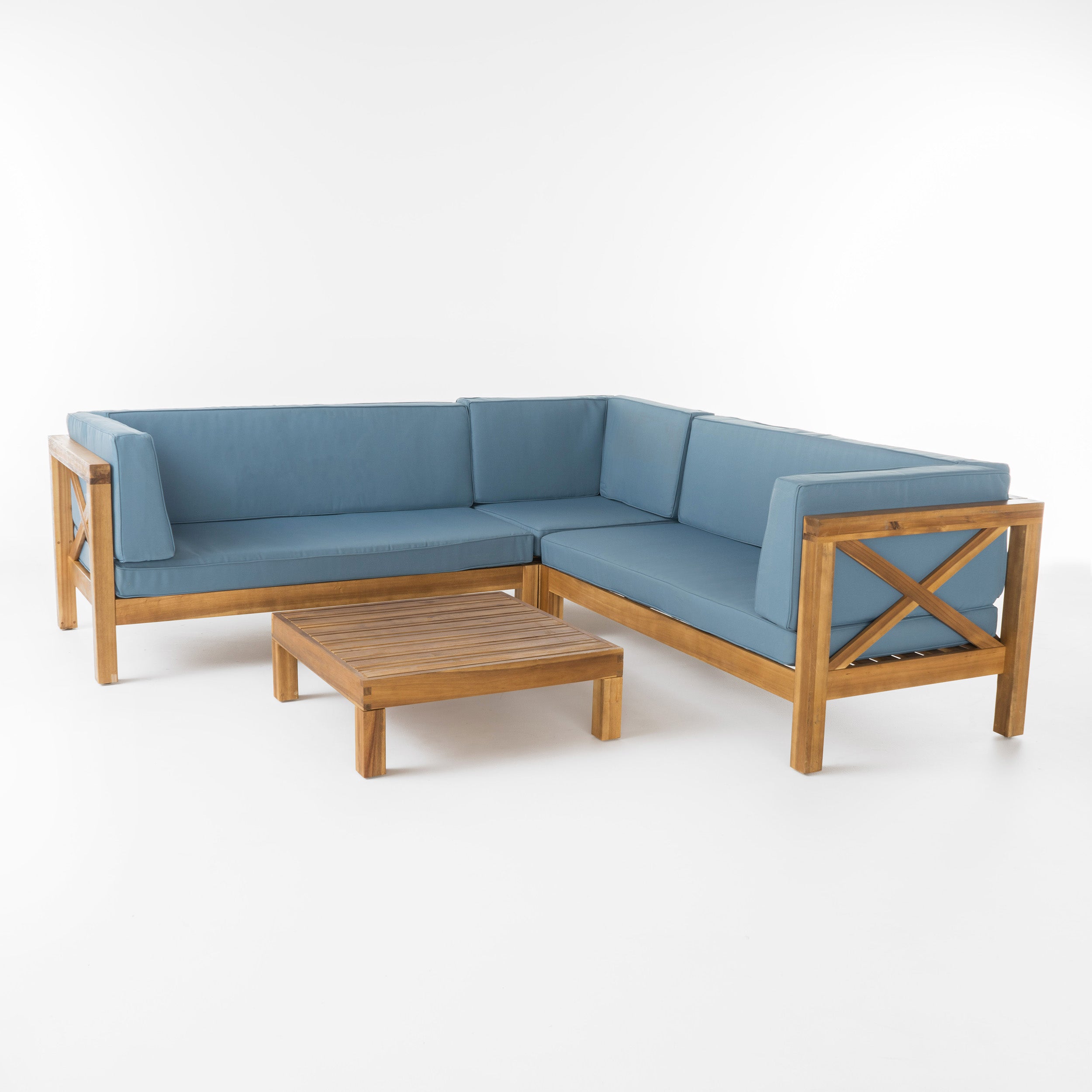 Brava Outdoor 4 Piece V-Shaped Acacia Wood Sectional Sofa and Coffee Table Set