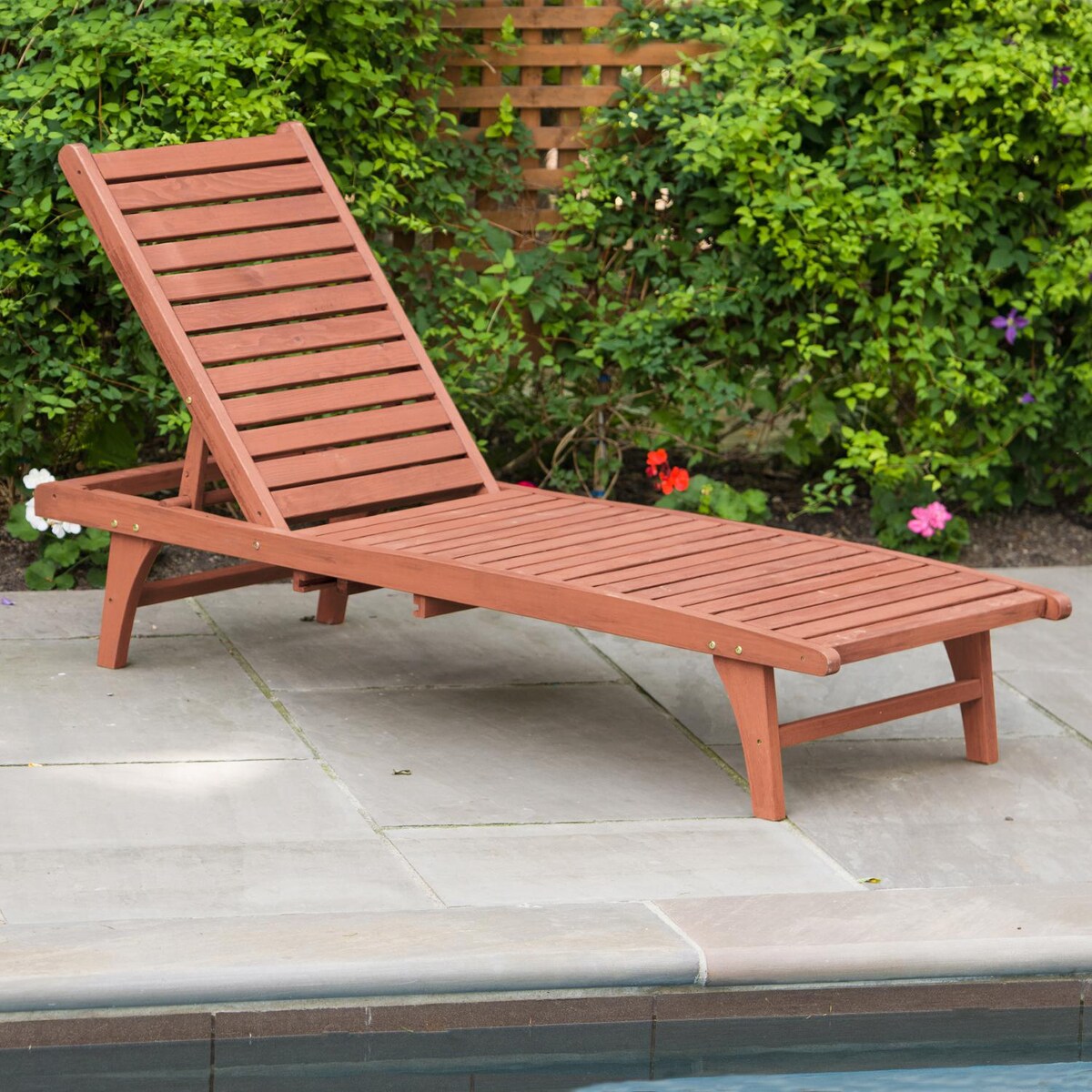 Leisure Season Wood Patio Chaise Lounge With Pull-Out Tray