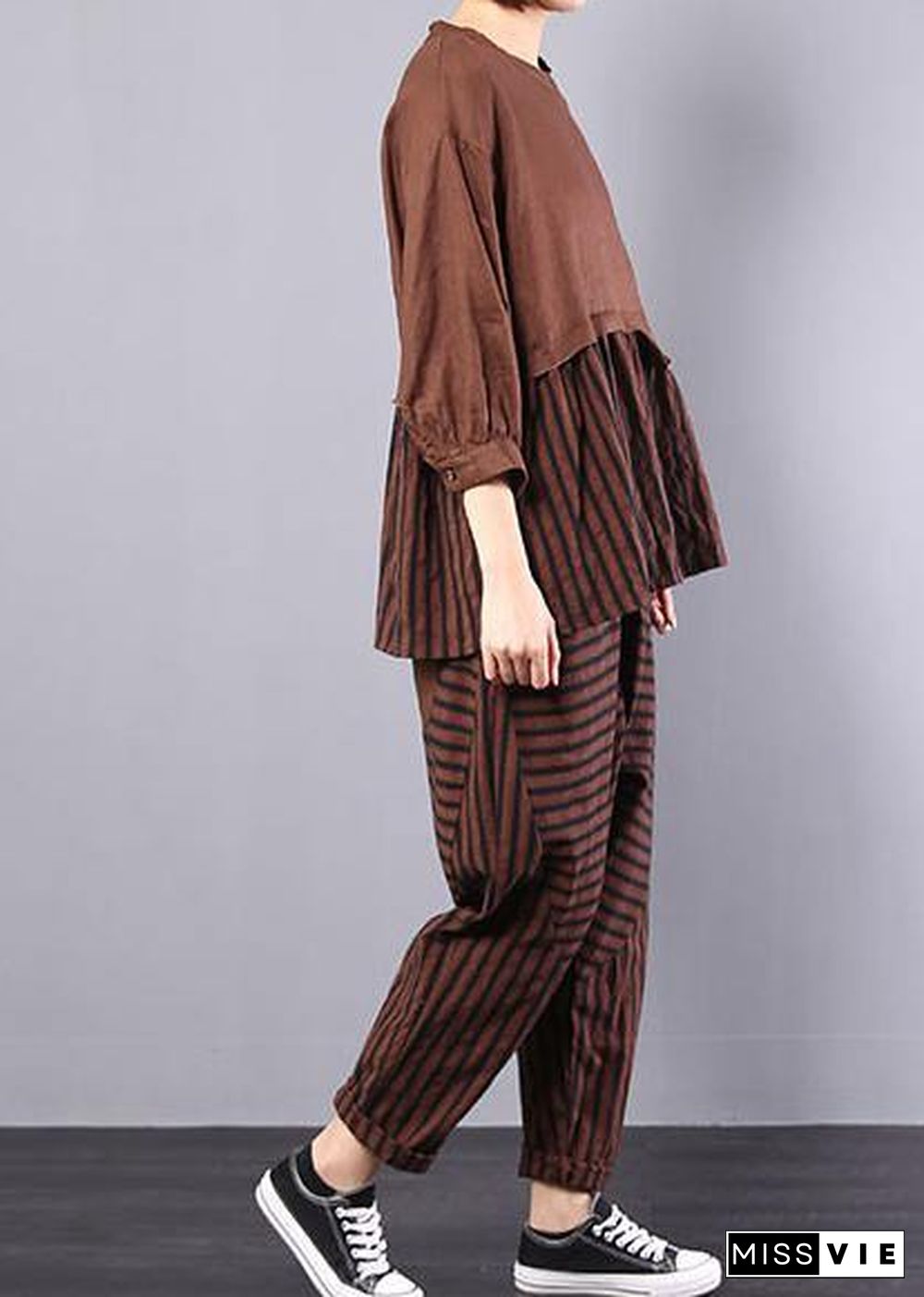 autumn khaki patchwork striped tops with elastic waist pants two pieces