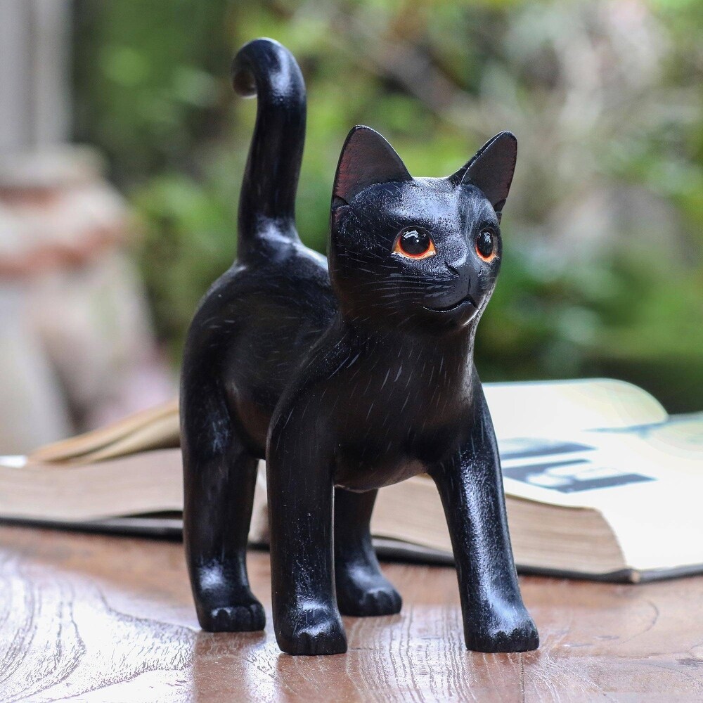 Handmade Curious Kitten In Black Wood Sculpture (Indonesia)   7.25\