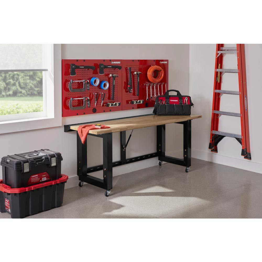 Husky Ready-To-Assemble 6 ft. Folding Adjustable Height Solid Wood Top Workbench in Black G7200FW-US