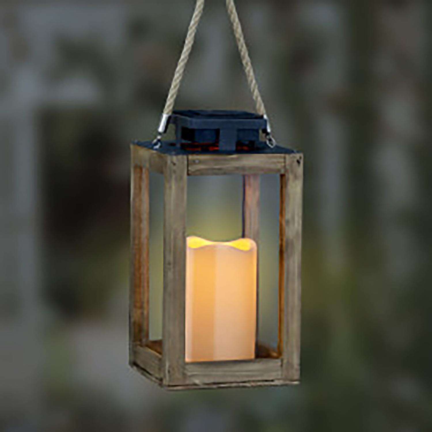 Exhart 11 in. Solar Power Glass/Wood Solar Lantern with Candle Black/Brown