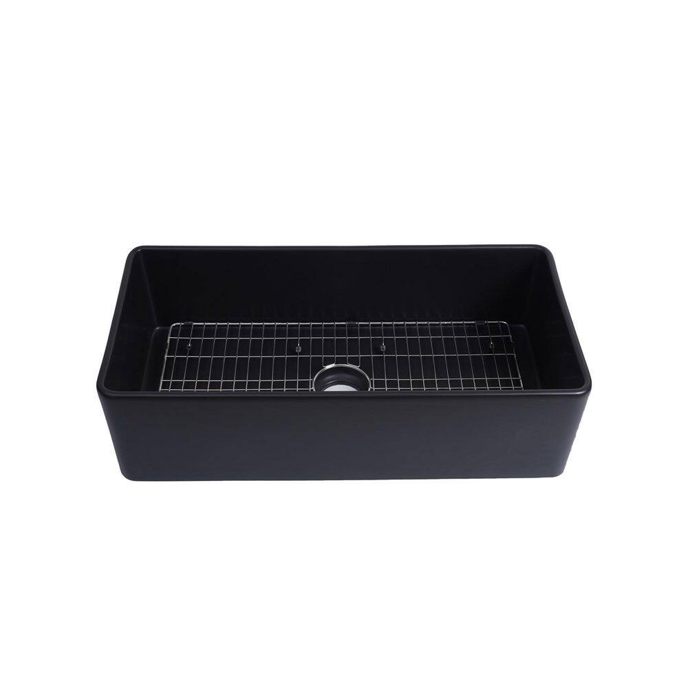 Modern Black Fireclay 33 in. Single Bowl Farmhouse Apron Workstation Kitchen Sink with Bottom Grid and Drain AB143264112