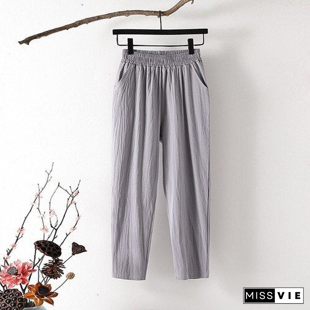 Women's Harem Pants Summer Vintage Cotton Linen Capri Pants Female Casual Loose Plus Size Ankle Length Mom Pant Woman Trousers